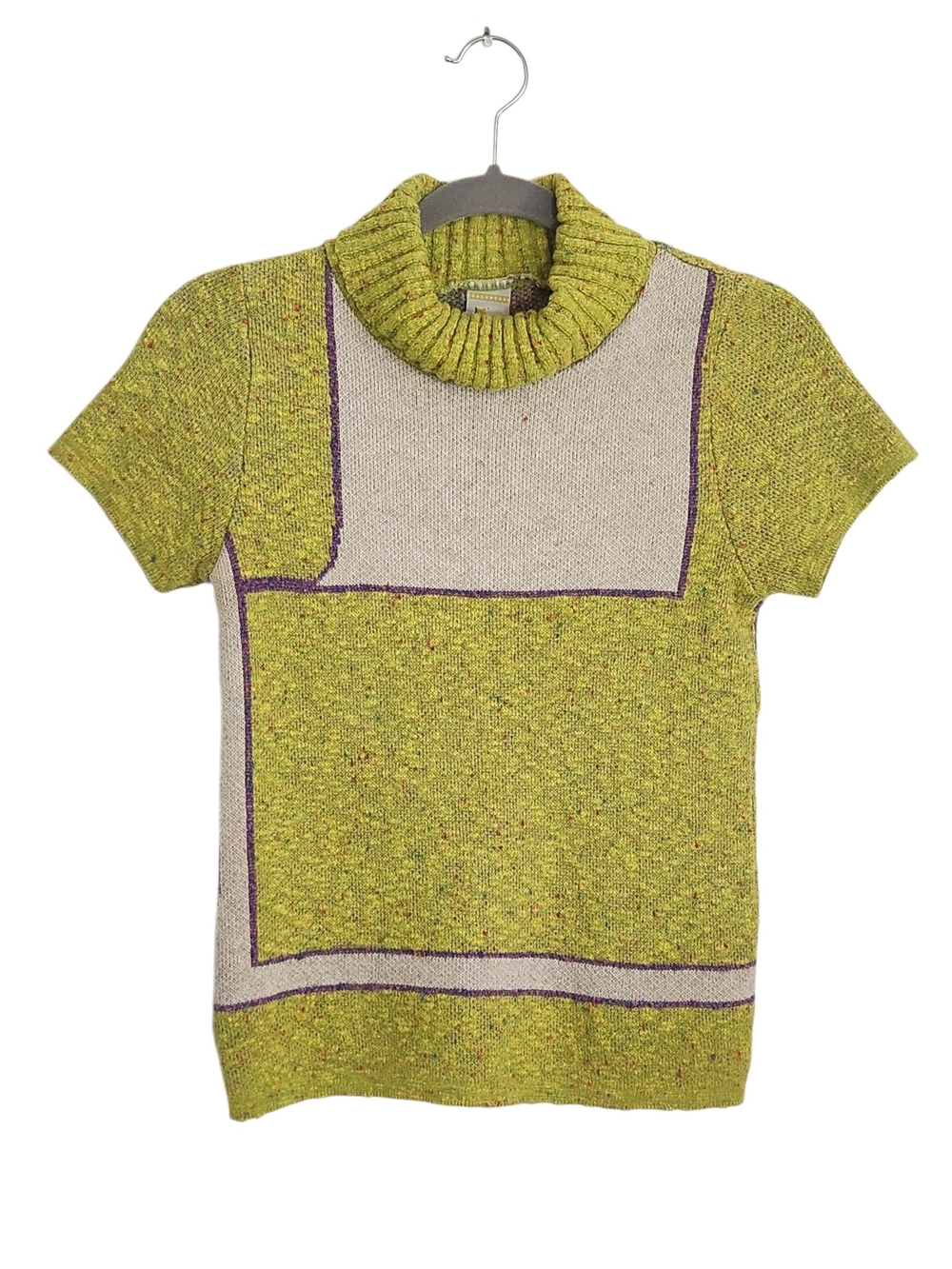 Angora Malhas Lime Green and Purple Fitted Turtleneck Sweater Size Small
